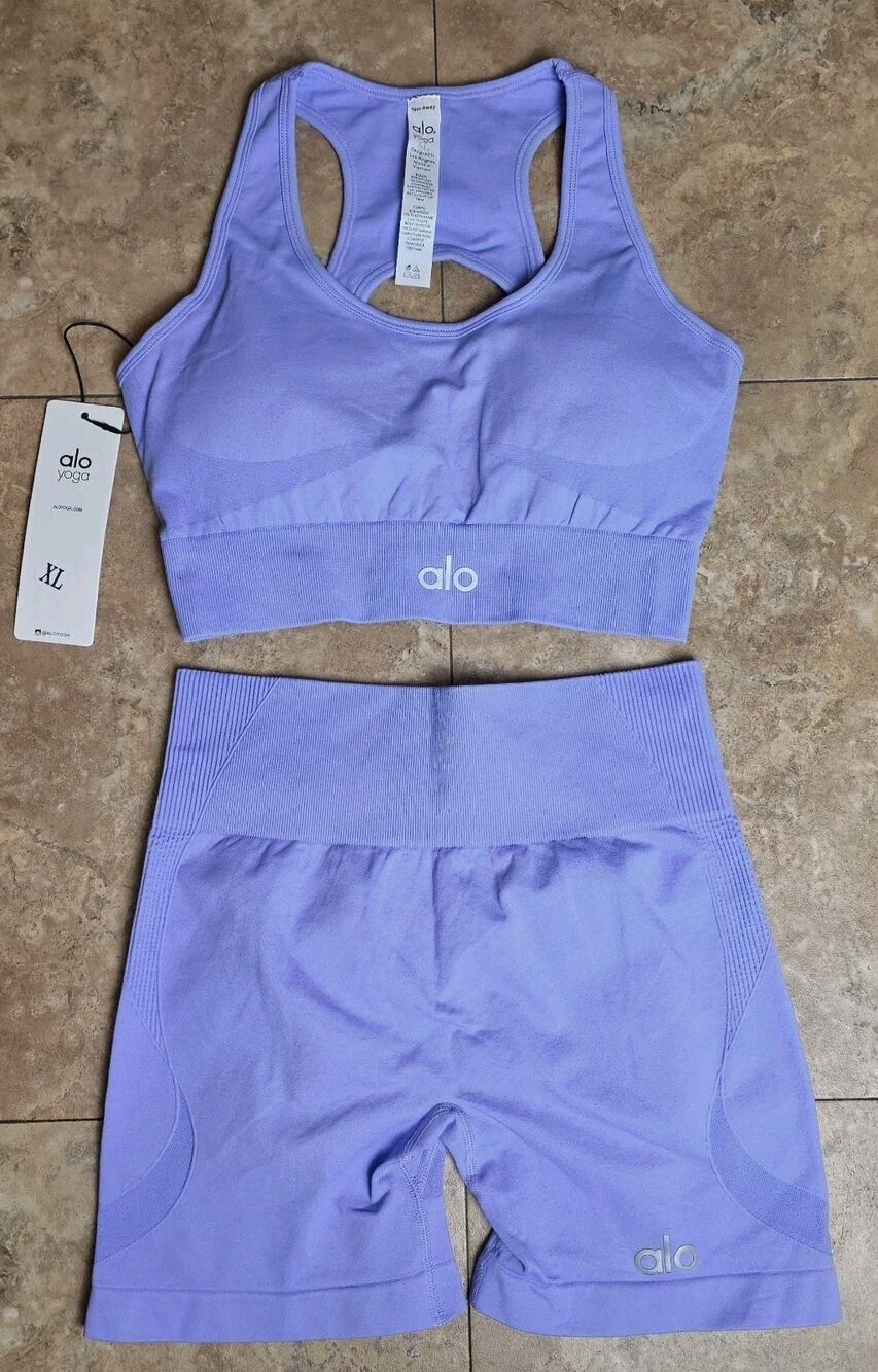 ALO Yoga XL Racerback Sport Bra Biker Shorts Purple Athletic Activewear Gym Set